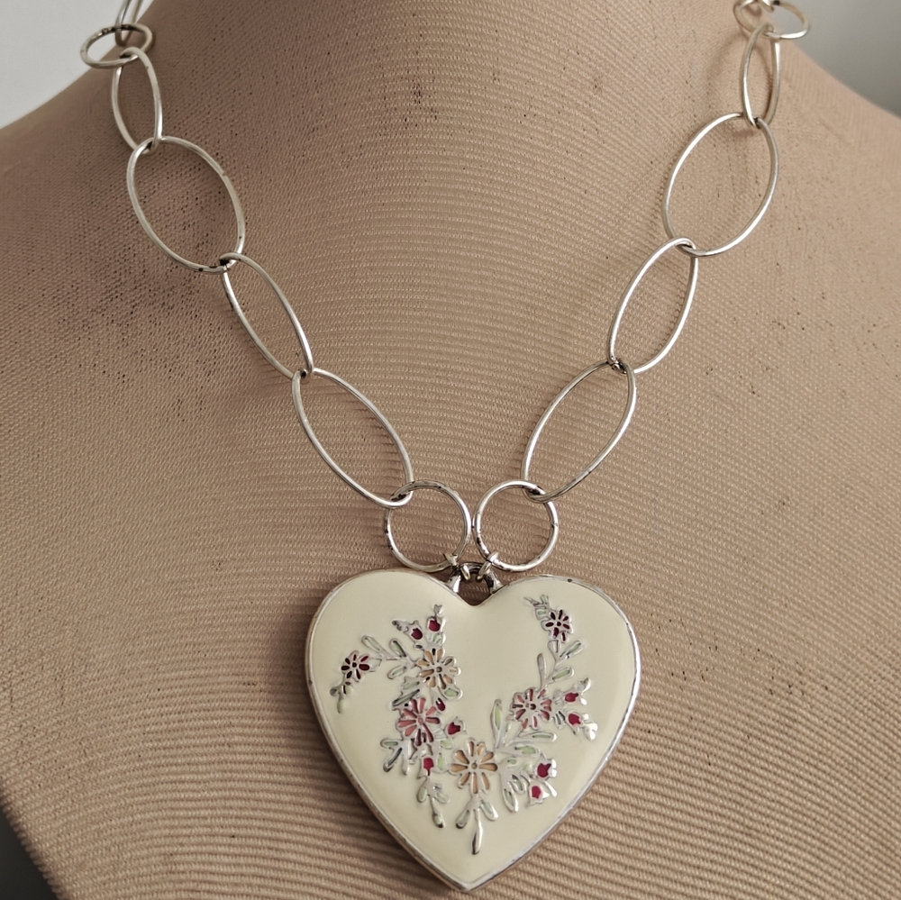 Danish Design Pilgrim Large Two Sided Heart Pendant Necklace Silver Tone - Picture 1 of 15